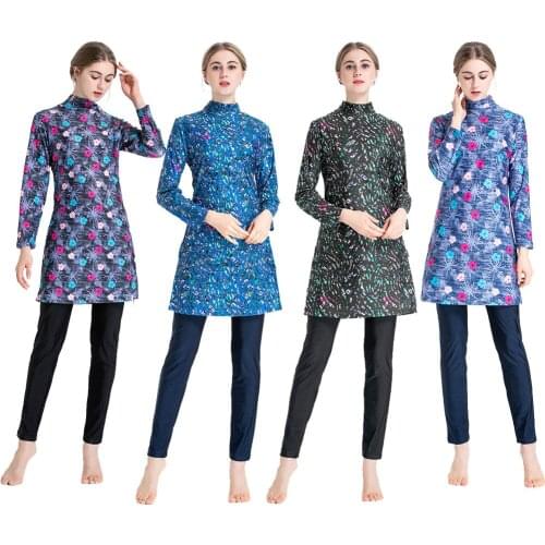 Plus Size 4XL Islamic Women Swimwear Burkini Muslim Hooded Hijab Swimsuit Floral Swim Surf Wear Sport Suit Swimming 3 Piece Sets