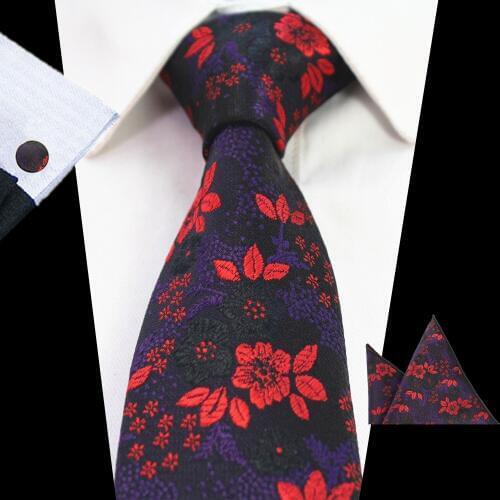 Ricnais Floral Tie Silk Jacquard Mens Necktie Gravata Hanky Cufflinks Set Handkerchief 7cm Slim Mens Tie Sets for Wedding