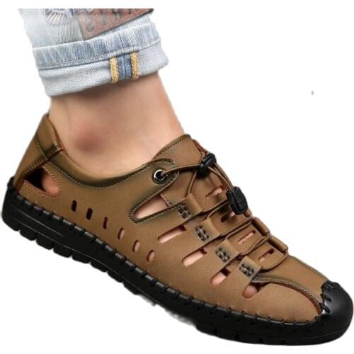 Summer Mens Breathable Sandals Beach Outdoor Leather Sandals Mens Hole Shoes Soft Sole Comfortable Casual Shoes mens shoes