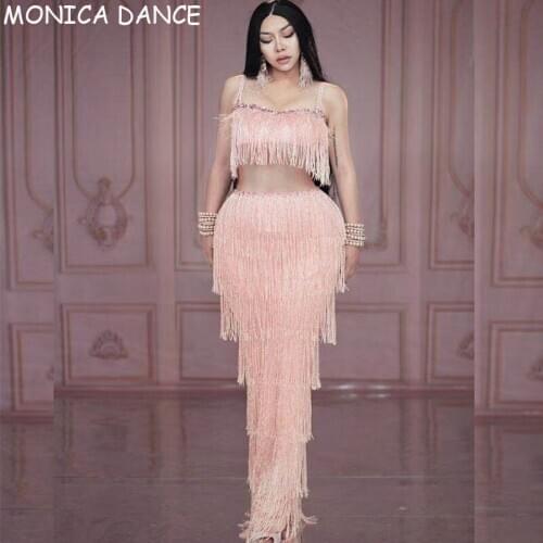 Sexy Stage Silver Mirror Pink Tassel Sleeveless Dress Evening Party Rhinestones Fringes Latin Dance Birthday Celebrate Dress