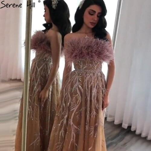 Serene Hill Gold Luxury Beadings Strapless Evening Gown 2021 Feathers Sexy A-Line For Women Formal Party Dress CLA71071