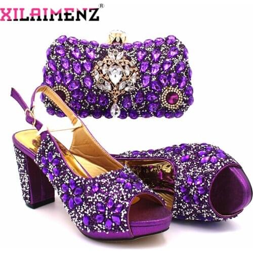 Leisure Style Italian Design African Women Shoes and Bag Set in Purple Color Decorate with Rhinestone Sandals with Platform