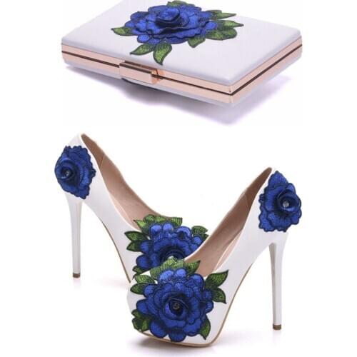 Crystal Queen Blue Lace Flower Bride Shoes High Heel Wedding Dress Shoes With Matching Bag Cutomized Ceremony Pumps With Purse