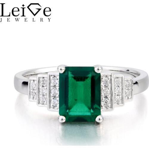 Leige Jewelry Lab Emerald Ring Engagement Ring Emerald Cut Green Gemstone May Birthstone Genuine 925 Sterling Silver for Women