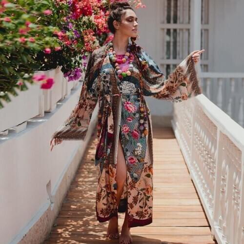 AYUALIN cotton floral printed kimono sleeve summer swim cover up dress 2020 boho beach wear robe rayon Cardigan coverup vestidos