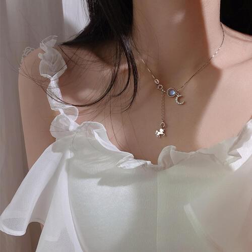 New 925 Sterling Silver Rocking Horse Charm Pendant Natural Stone Necklace For Women Clavicle Chain Necklace Fine Jewelry Gifts