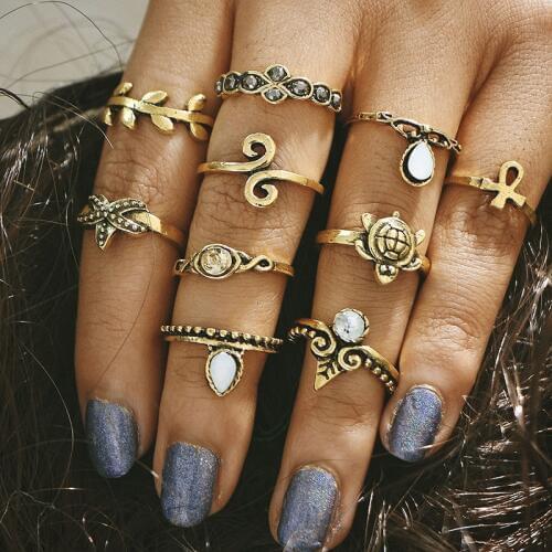 10 Pcs/Set Vintage Beach Ring Punk Hollow Turtles Starfish Leaf Rings Set Carved Boho Midi Finger Knuckle anelli Anillos NEW