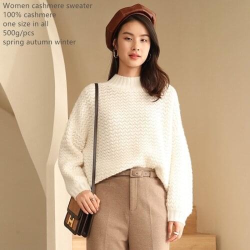 Naizaiga 100% cashmere loose -fitting Solid white beige Caramel causal Women Mock-neck Pullovers Female Sweater, ZRFS324