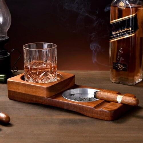 2 In 1 Wooden Ashtray Rustic Wood Whiskey Glass Cup Tray and Cigar Holder Rest Ashtray Home Office Decoration Ornaments