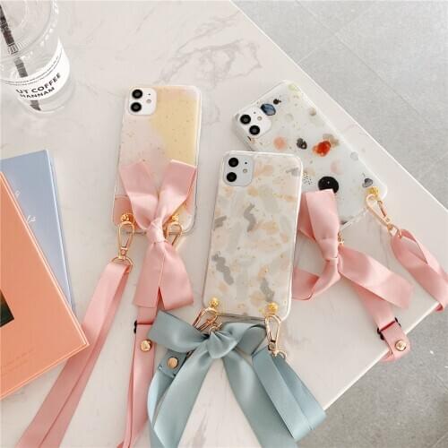 Cross Shoulder Strap Gold Foil Glitter Marble Flower Case For iPhone 12 11 Pro XS Max XR X 7 8 Plus SE 2 Necklace Lanyard Cover