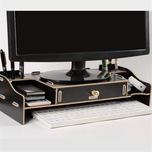 Wooden PC Computer Monitor Stand Holder Desktop Screen Riser Laptop Desk Organizer Multi-function Bracket Shelf with Cabinet