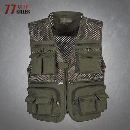 Mens Cargo Tactical Vest Quick Dry Breathable Multiple Pockets Mesh Jackets Vest Outdoor Fishing Work Sleeveless Jacket Male