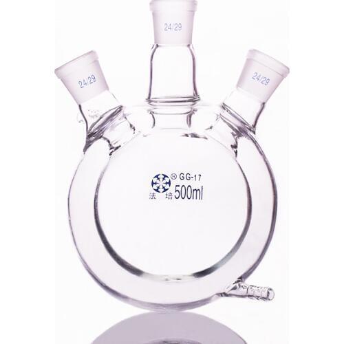 Double-deck spherical three-necked round bottom flask,Capacity 500ml,Joint 24/29,Mezzanine jacketed reactor bottle