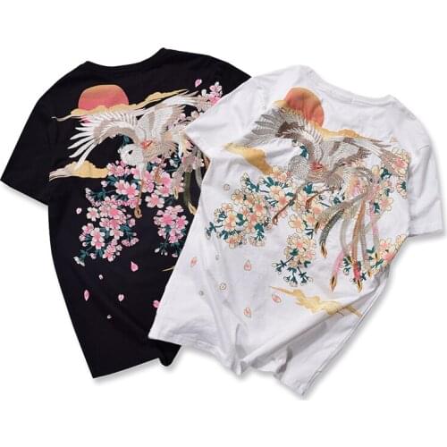 Japanese style ukiyo-e dyed cherry blossom embroidery phoenix short sleeve T-shirt carp men and women matching tee loose T-shirt