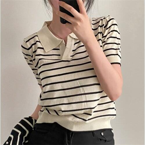 Alien Kitty High Street Striped Short Sleeve T-Shirts All Match Tops Mujer Women Chic 2021 Loose Lapel Summer Knitted Casual