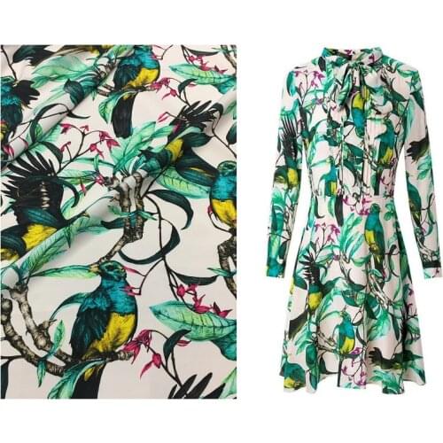 Kingfisher printing white background green tree elastic crepe de chine digital printing natural mulberry silk fashion fabric