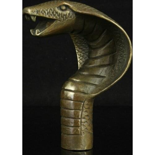 Chinese Old Bronze Handmade Carved Cobra Statue Cane Walking Stick Head
