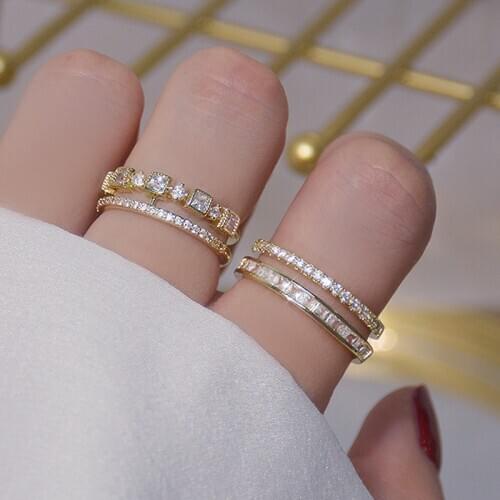 Luxury 14K Real Gold Double Layer Ring Inlaid CZ For Women Adjustable Zirconia Brilliant Opening Rings Wedding Jewelry Bijoux