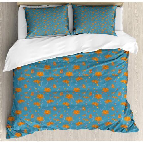 Orange Blue Duvet Cover Set Flowers with Thin Peduncles and Buds 3 Piece Bedding Set Dark Turquoise Dark Orange and Dark Magenta