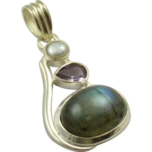 Lovegem Nature Labradorite & Amethyst & Pearl Pendant 925 Sterling Silver , 39.6 mm, MHBAP4640