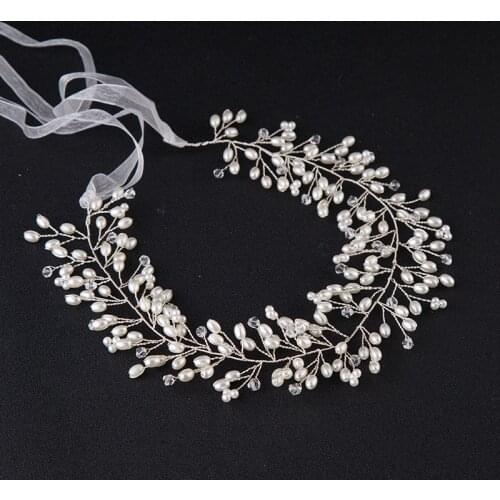 Ribbon Pearl Crystal Elegant Headbands Wedding Hair Accessories Handmade Rhinestone Bridal Hair Jewelry For women