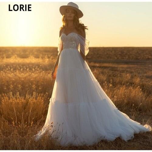 LORIE Bohemian Wedding Dresses Off the Shoulder Appliques A-Line Ruffled Tulle White Ivory Boho Simple Bride Gown suknia ślubna