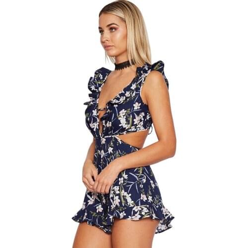 Sweet Summer Floral Print V-neck Backless Sleeveless Flounced Onesie Streetwear