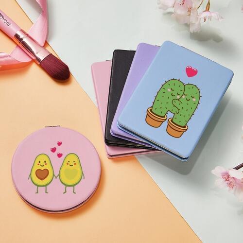 Fashion Makeup Mirrors with 2 Face Cartoon Avocado Cactus Magnifying Vanity Cosmetic Pocket Compact Mirror Facial Care Tools