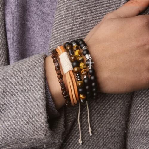 Bracelets Set Men Handmade Braid Leather Adjustable Bracelet Women Rejuvenate Tiger Eye Stone Beads Bangle Couples Jewelry Gifts