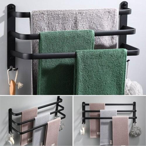 Wall-Mounted Three-Layer Towel Rack Perforated Bathroom Accessories Shower Room Shelf Frosted Black Aluminum Alloy Hanger