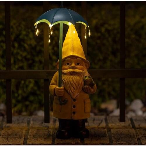 Wearing Slicker Gnome Resin Statue Yard Art Decor Solar LED Light Garden Gnome Rain Slicker Grandpa Figurine Gardening Decor