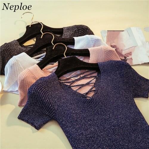 Neploe Solid Knitted Lacing Women T shirts 2021 New Short Sleeve Bright Silk T-shirt Summer V-Neck Fashion Thin T shirt 67365