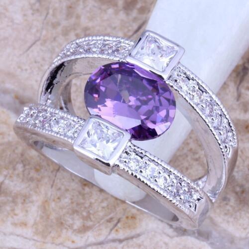 Awesome Purple Cubic Zirconia White CZ Silver Plated Ring Size 7 / 8 / 9 R0316