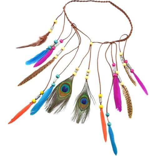 Bohemia Leaf Feather Beaded Headband Indian Headdress Colorful Tribal Hair Bands Hippie Costume Decor. Headwear