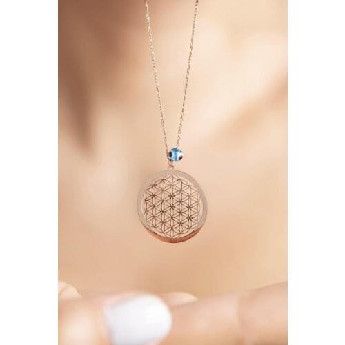 Flower of life with Evil eye Rose Plated 925 Sterling Silver Necklace