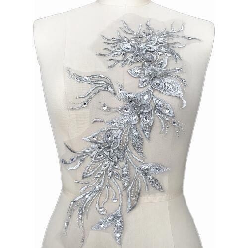 GRAY 3D Lace Applique Patches Silver Beaded Decorative Rhinestone Crystal Sew on For Wedding Dress Clothes Diy Crafts 21x46cm