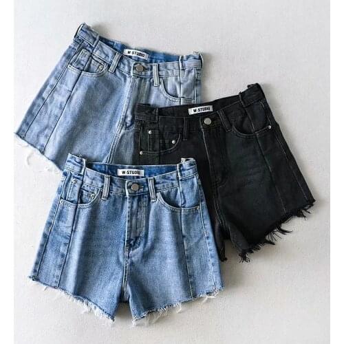 Womens Denim Shorts Vintage High Waist Blue Staggered Stitching Short Jeans Female Casual Summer Ladies Shorts Jeans For Women