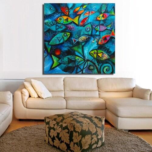 Deep Blue Sea Fish Oil Painting Abstract Animal Painting on Canvas Wall Pictures for Living Room Poster and Print Wall Decor