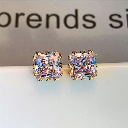 Vintage Gold Silver Color Stud Earrings Female White Crystal Square Earrings For Women Men Rainbow Zircon Stone Wedding Earrings