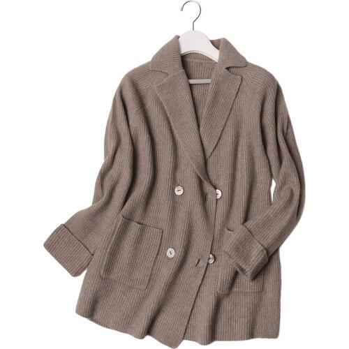 High grade 100%goat cashmere knit women fashion cardigan sweater coat mid-long double breasted blazer 3color EUsize M