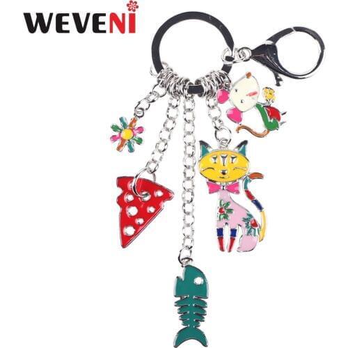 WEVENI Enamel Metal Cat Mouse Fish Strawberry Hangs Key Chain Key Ring For Women Keychain Accessories New Fashion Jewelry