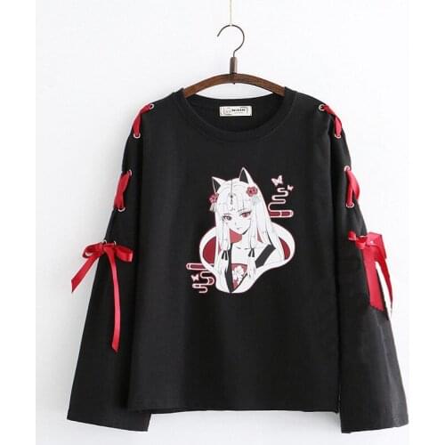 YGhan Autumn Japanese Long Sleeve T Shirt Cartoon Printed Tshirt Harajuku Cross Bowknot Bandage T-Shirts White Black Tops
