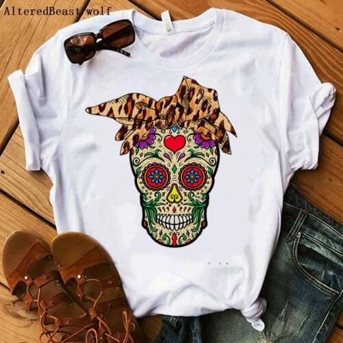 Women Mama T Shirt Leopard Sugar Skull Print Bandana Mom Tshirt Tops Tee Casual Short Sleeve O-neck Funny T-shirt Female 2021