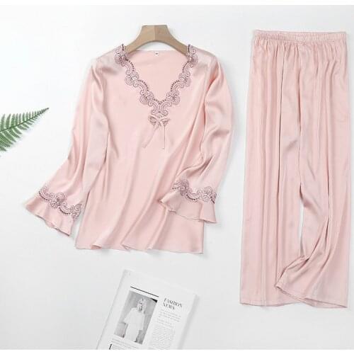 Fdfklak V-Neck Loose Pijamas Women Female Silk Long Sleeve Silk Pajamas Summer Autumn New Sleeping Home Suit Sleepwear