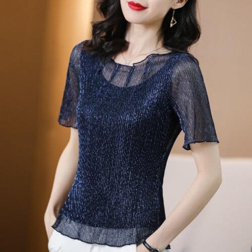 2021 New Bright Silk Summer Shirt Lace O Neck Bottoming Shirt Mesh Short Sleeve Plus Size Tshirt Women Blusas