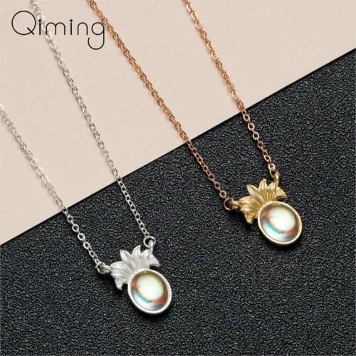 QIMING Moonstone Pineapple Necklace For Women Cute Fruit Gold Silver Chains Choker Necklace Dainty Jewelry