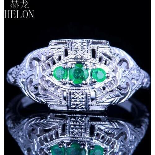 HELON Three Stone 925 Sterling Silver Round 0.2CT Green Emerald Engagement Wedding Ring For Women Vintage Fine Jewelry Best Gift