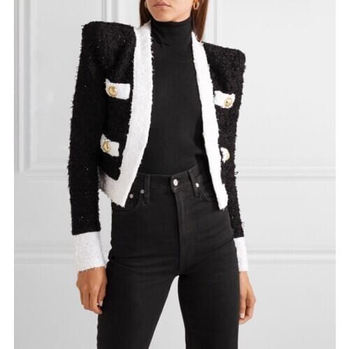 Long Sleeve Woolen Short Coat Women Black White Stitching Slim Office Lady Women Coats Jackets Female High Quality 2020