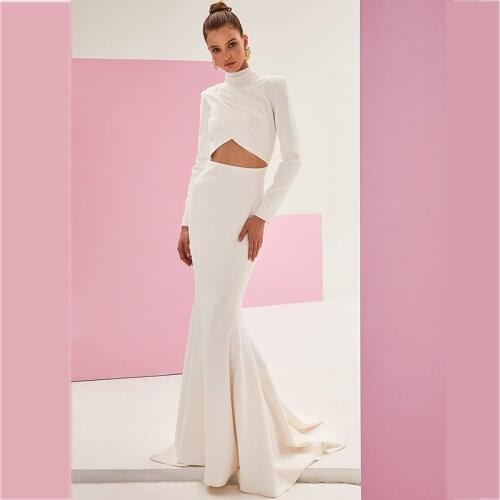 2021 Sexy Evening Dresses for Women Long Sleeves Sweep Train Mermaid Prom Dress Party Wear Formal Robe De Soirée Satin