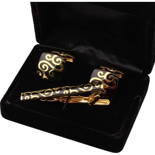 Gold Tie Clip and Cufflink Sets With Box For Men Classic Meter Tie Clips and Cufflinks Set Copper Tie Bar Golden Tie Collar Pin